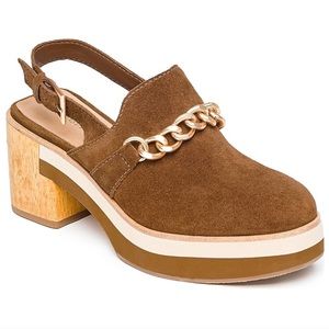 Bernardo Sochi Tobacco Split Suede Clogs with Chain Accent 7.5